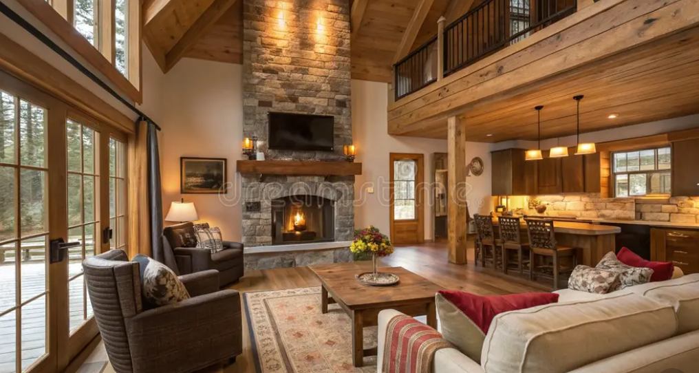A stone fireplace wall inside a Minnesota home